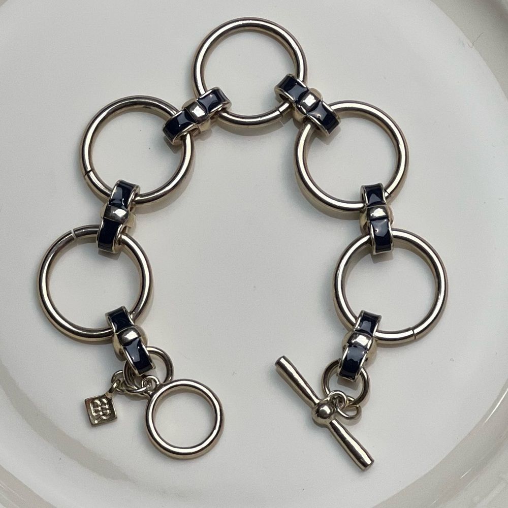 Banana Republic Gold Tone Navy Blue Ribbon Toggle Bracelet EUC